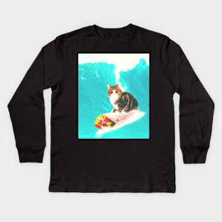 Kitty Cat Surfing Burrito Kids Long Sleeve T-Shirt